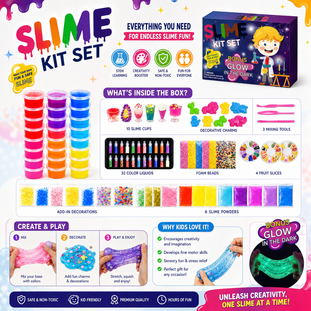 DIY Slime Kit Set – 32 Colors, Foam Beads