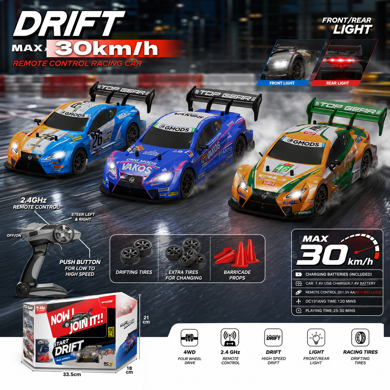 30KM/H RC Drift Racing Car – 4WD Remote Control
