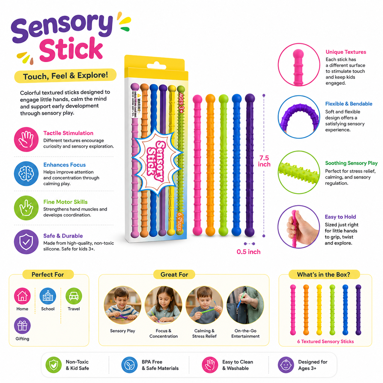6-Piece Sensory Stick Set for Kids | Montessori Educational Sensory Toy