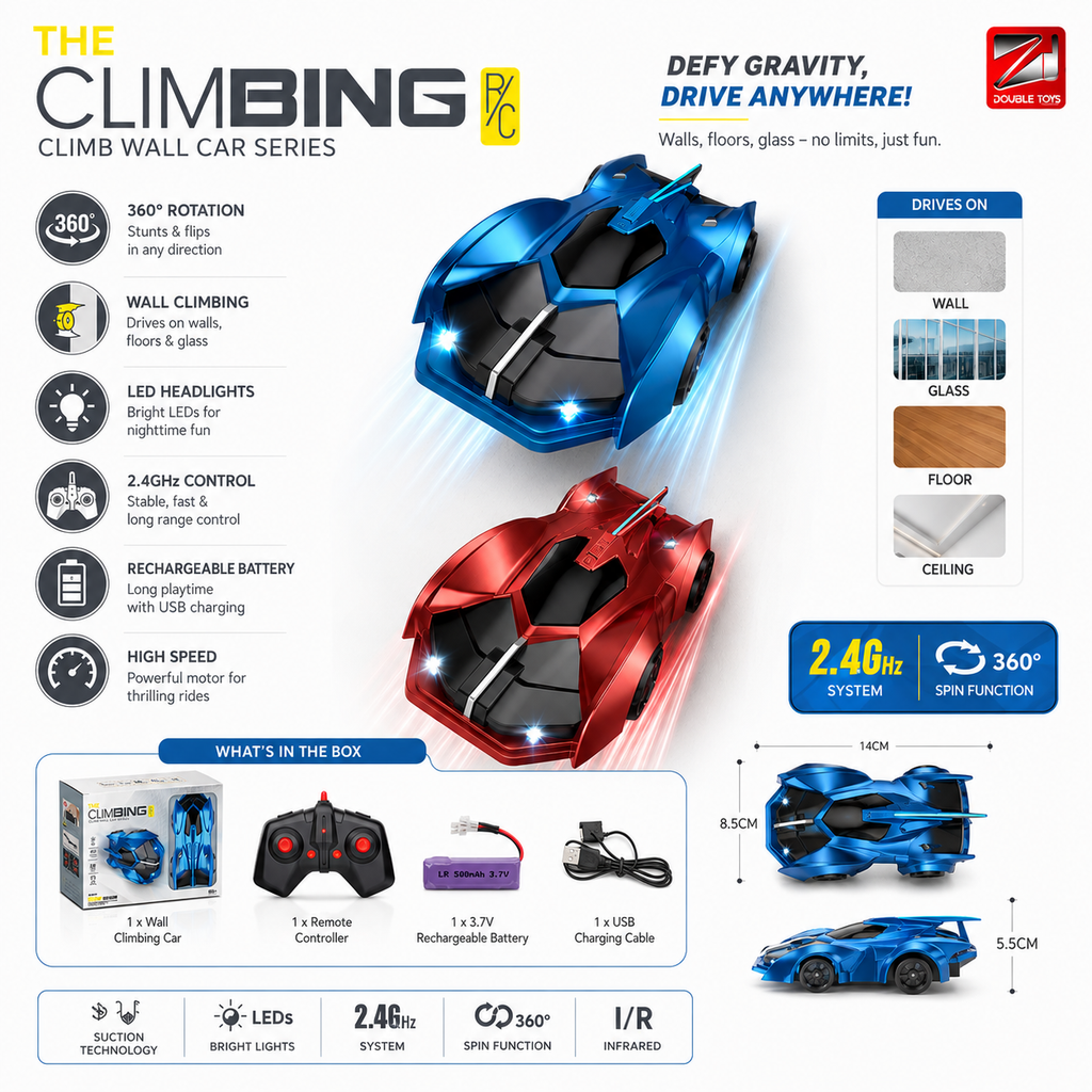 Wall Climbing RC Car 2.4GHz Rechargeable Remote Control Car with LED Lights