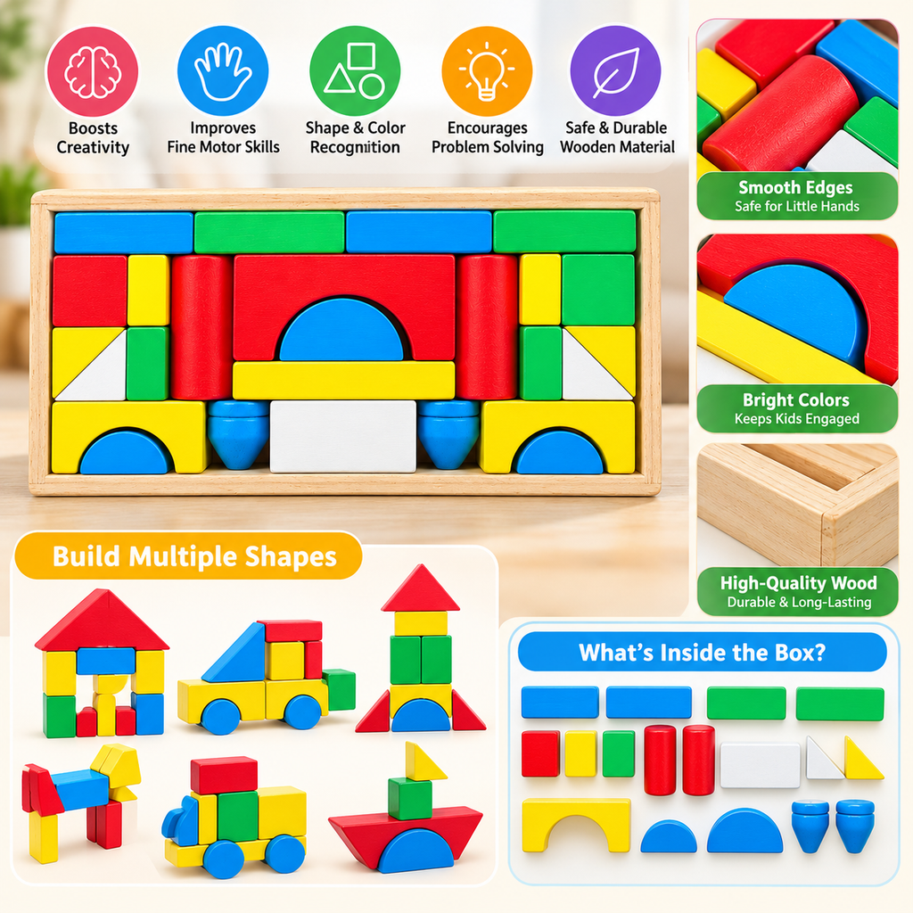 Montessori Wooden Building Blocks Set – Colorful Educational Shape Puzzle