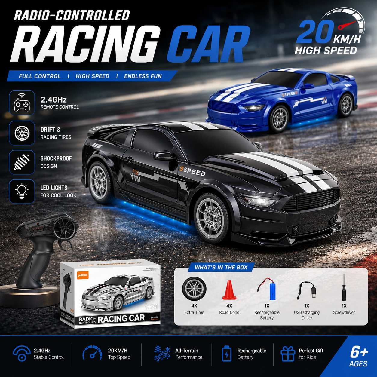 2.4GHz High-Speed RC Racing Car – 20KM/H Drift & LED Remote Control