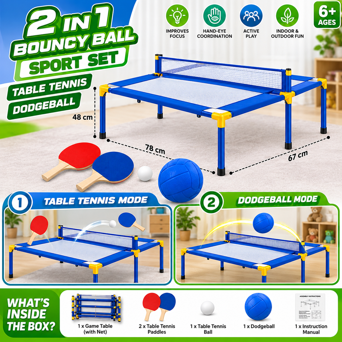 2 in 1 Bouncy Ball Sports Set – Table Tennis & Dodgeball Game for Kids