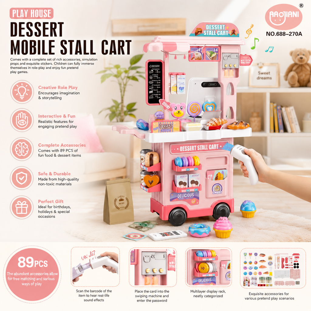 Dessert Mobile Stall Cart Playset with Scanner & 89PCS Accessories