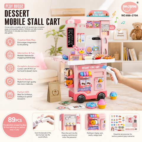 Dessert Mobile Stall Cart Playset with Scanner & 89PCS Accessories