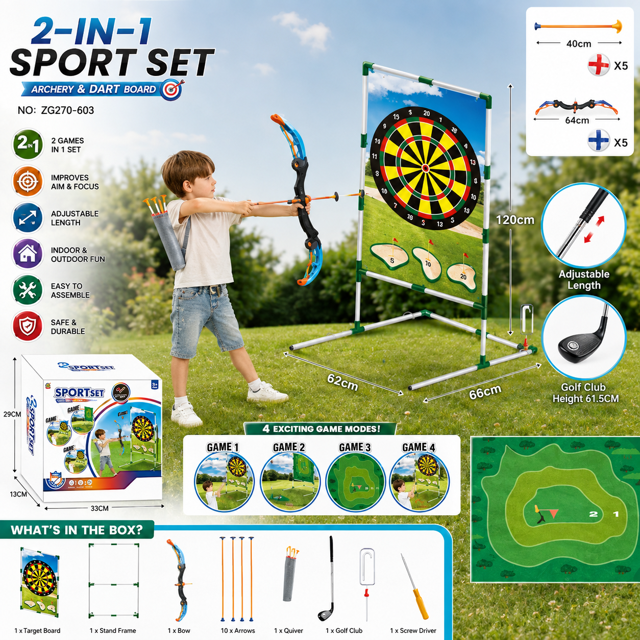 2-in-1 Kids Archery, Dart Board & Golf Sport Set