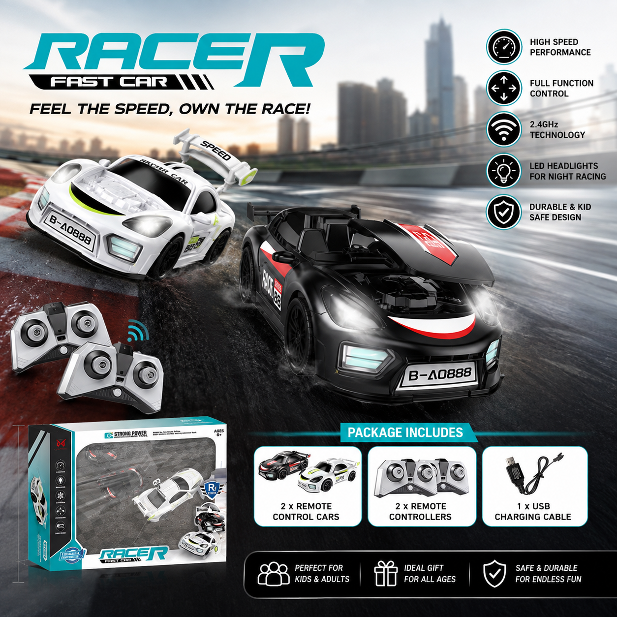 2 Player Racer RC Car Set with LED Lights & 2.4GHz Remote Control