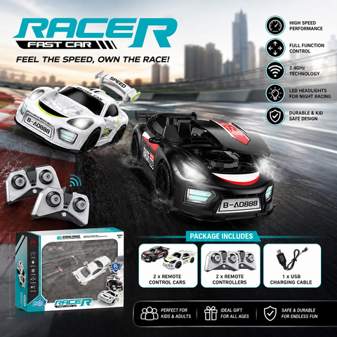 2 Player Racer RC Car Set with LED Lights & 2.4GHz Remote Control