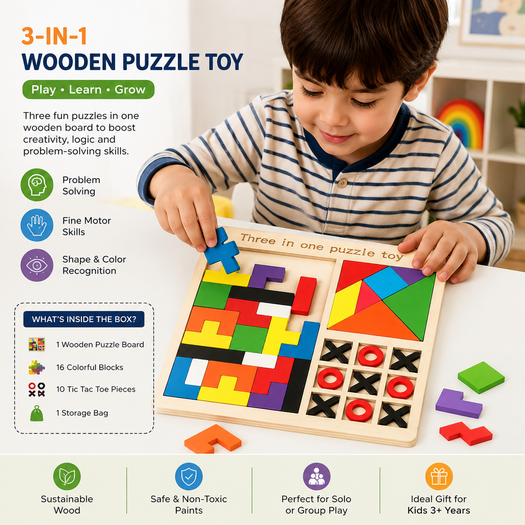 3-in-1 Wooden Puzzle Toy – Tangram, Block Fit & Tic Tac Toe Game (Copy)