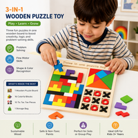 3-in-1 Wooden Puzzle Toy – Tangram, Block Fit & Tic Tac Toe Game