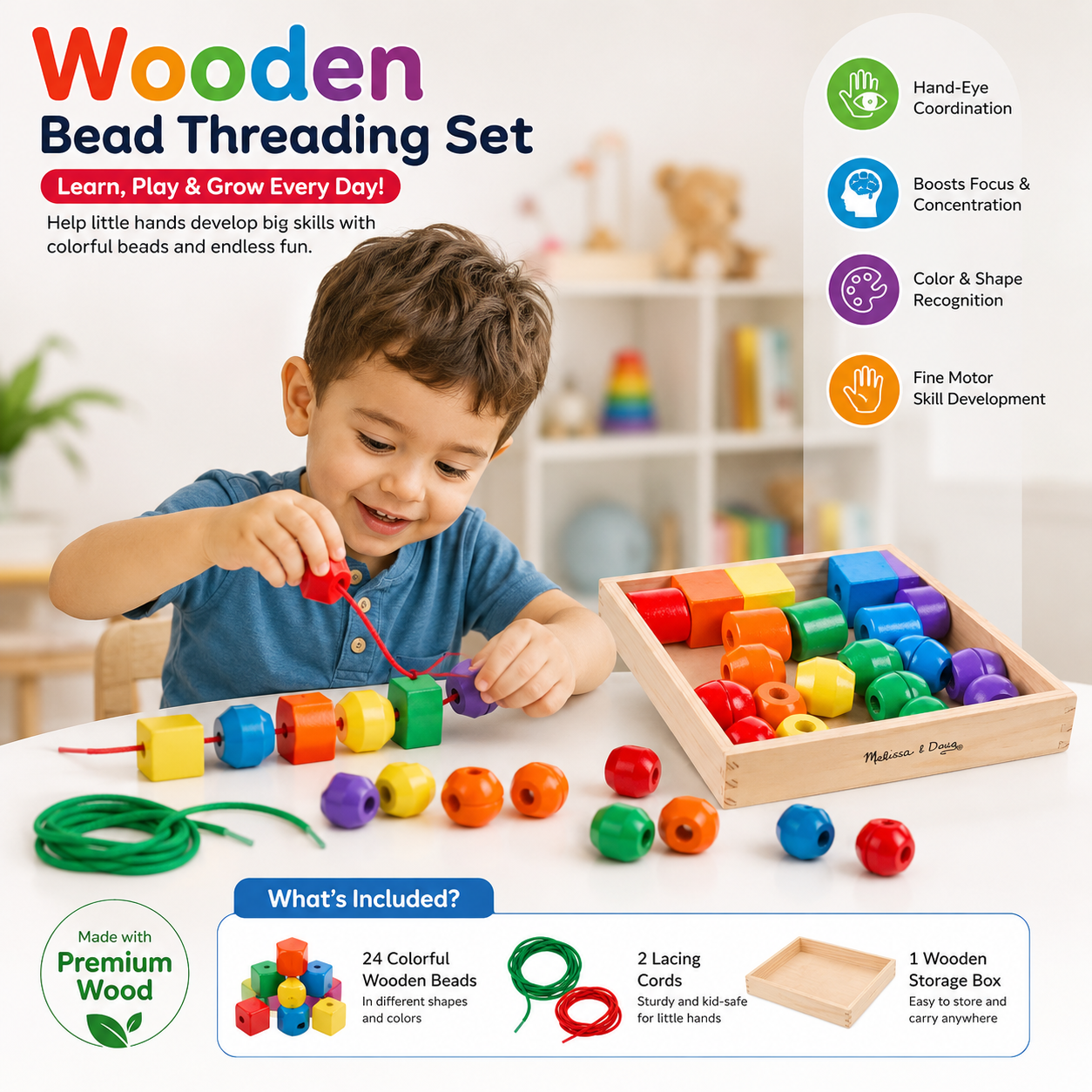 Wooden Lacing Bead Threading Set