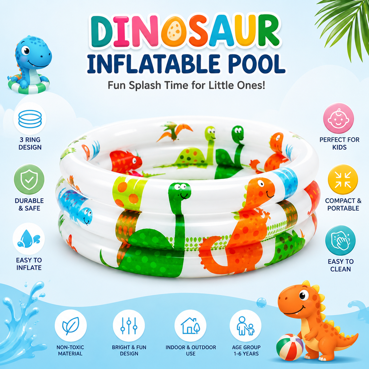 Intex Dinosaur 3 Ring Baby Pool 24"D x 8 "H