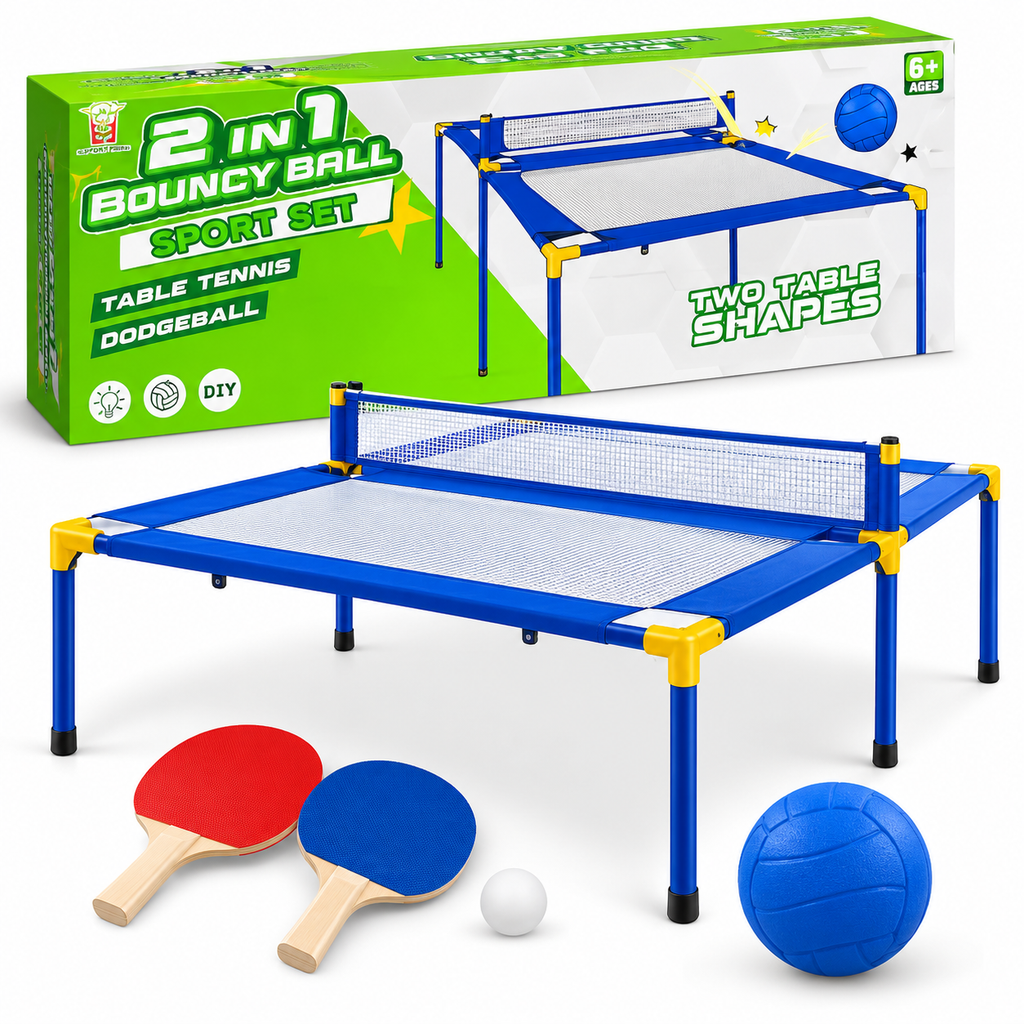 2 in 1 Bouncy Ball Sports Set – Table Tennis & Dodgeball Game for Kids