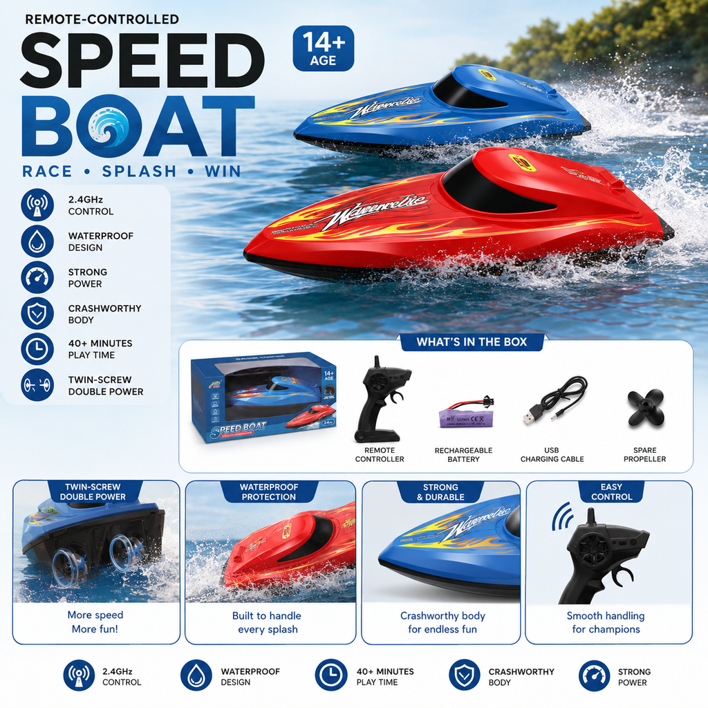 Remote Control Speed Boat – 2.4GHz Waterproof Racing Toy for Kids