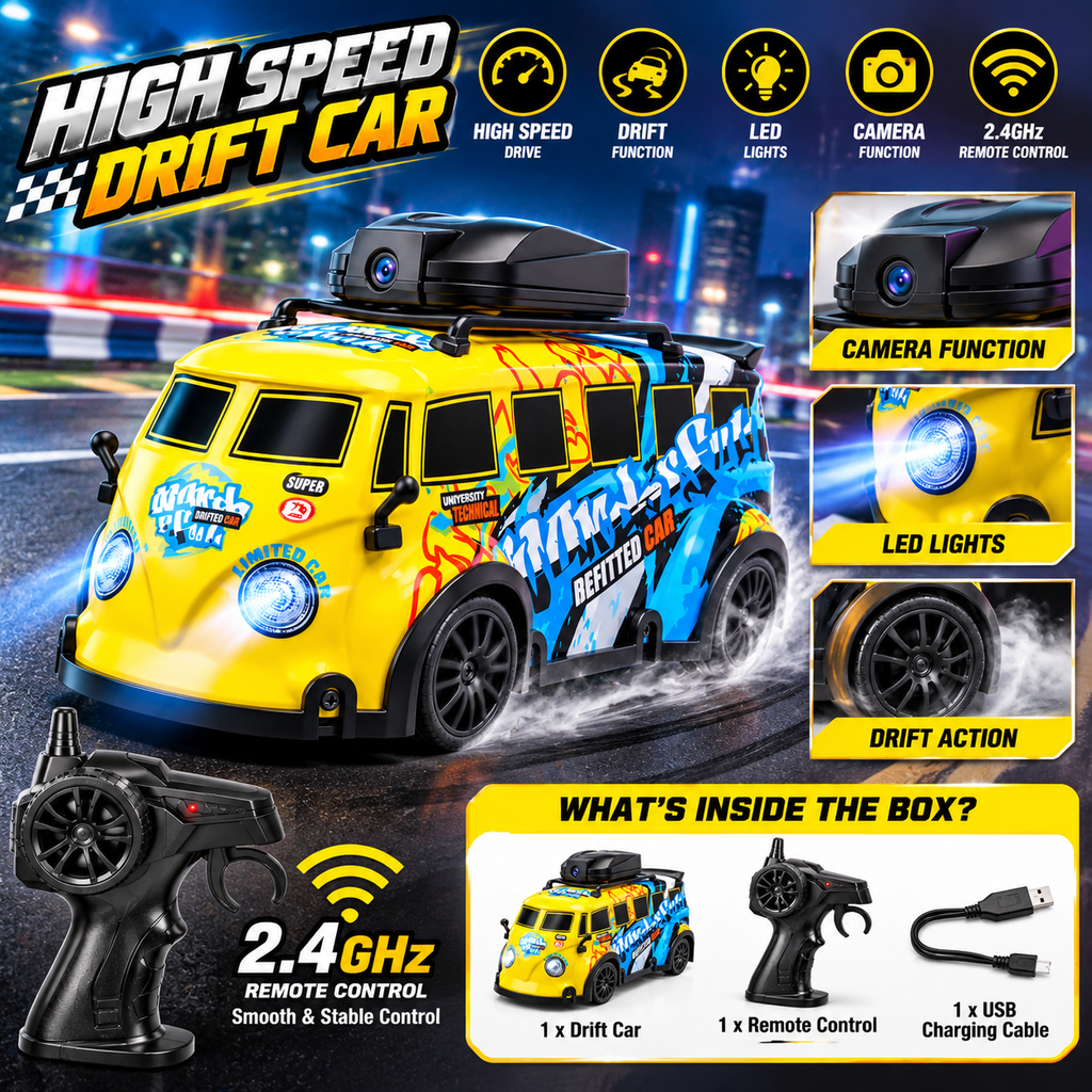 2.4GHz High Speed RC Drift Car with LED Lights & Camera – Remote Control Racing Van