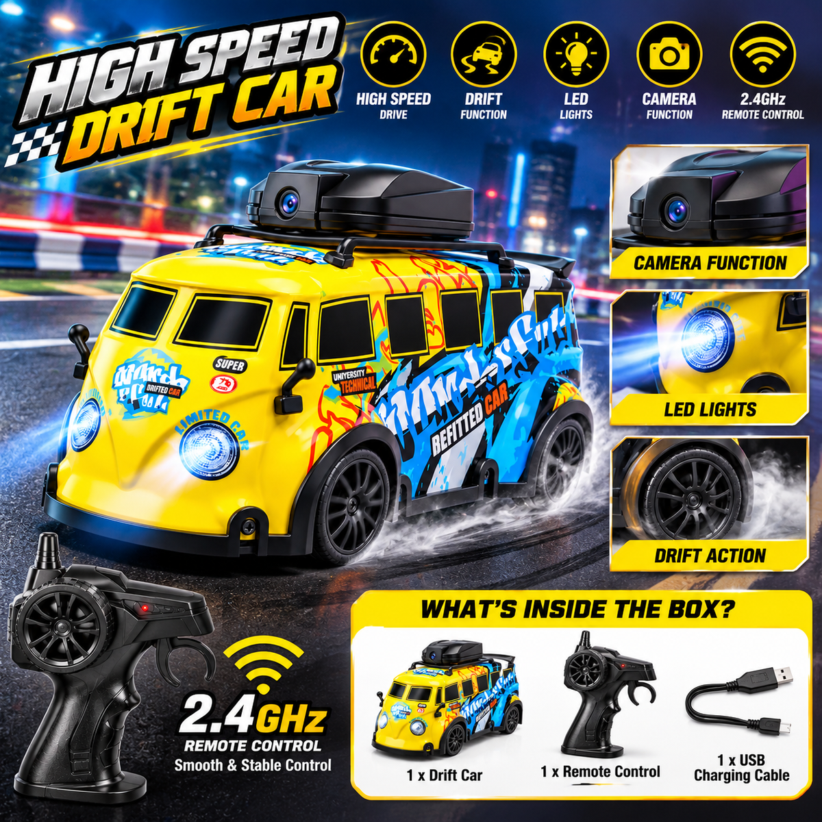 2.4GHz High Speed RC Drift Car with LED Lights & Camera – Remote Control Racing Van