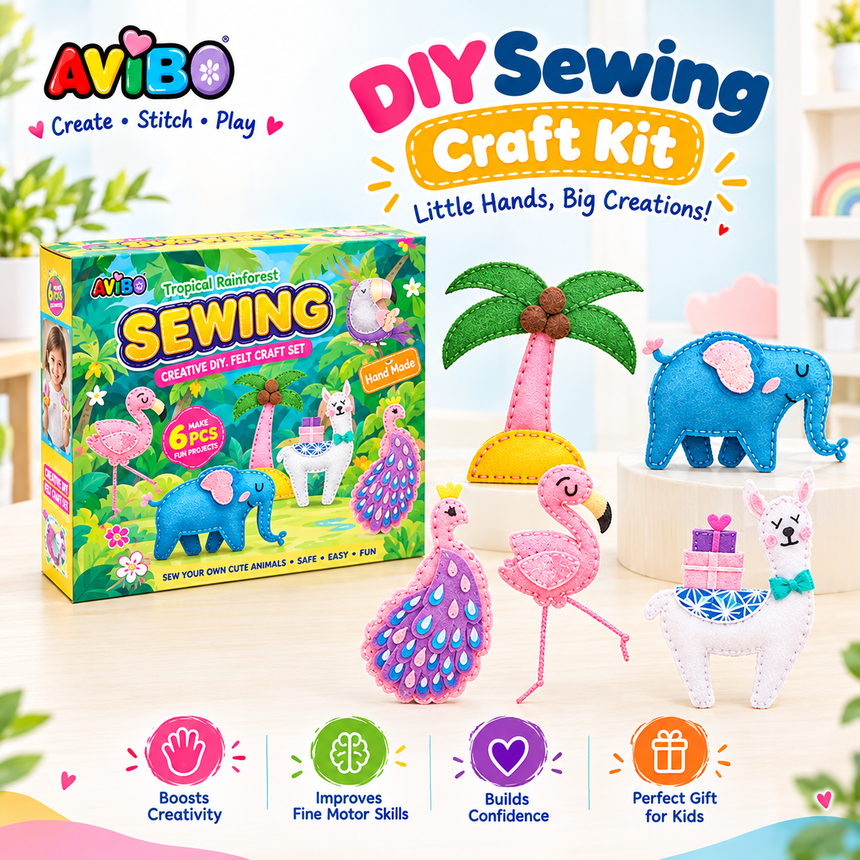 AVIBO DIY Sewing Craft Kit – 6-Piece Felt Animal & Tropical Rainforest Projects