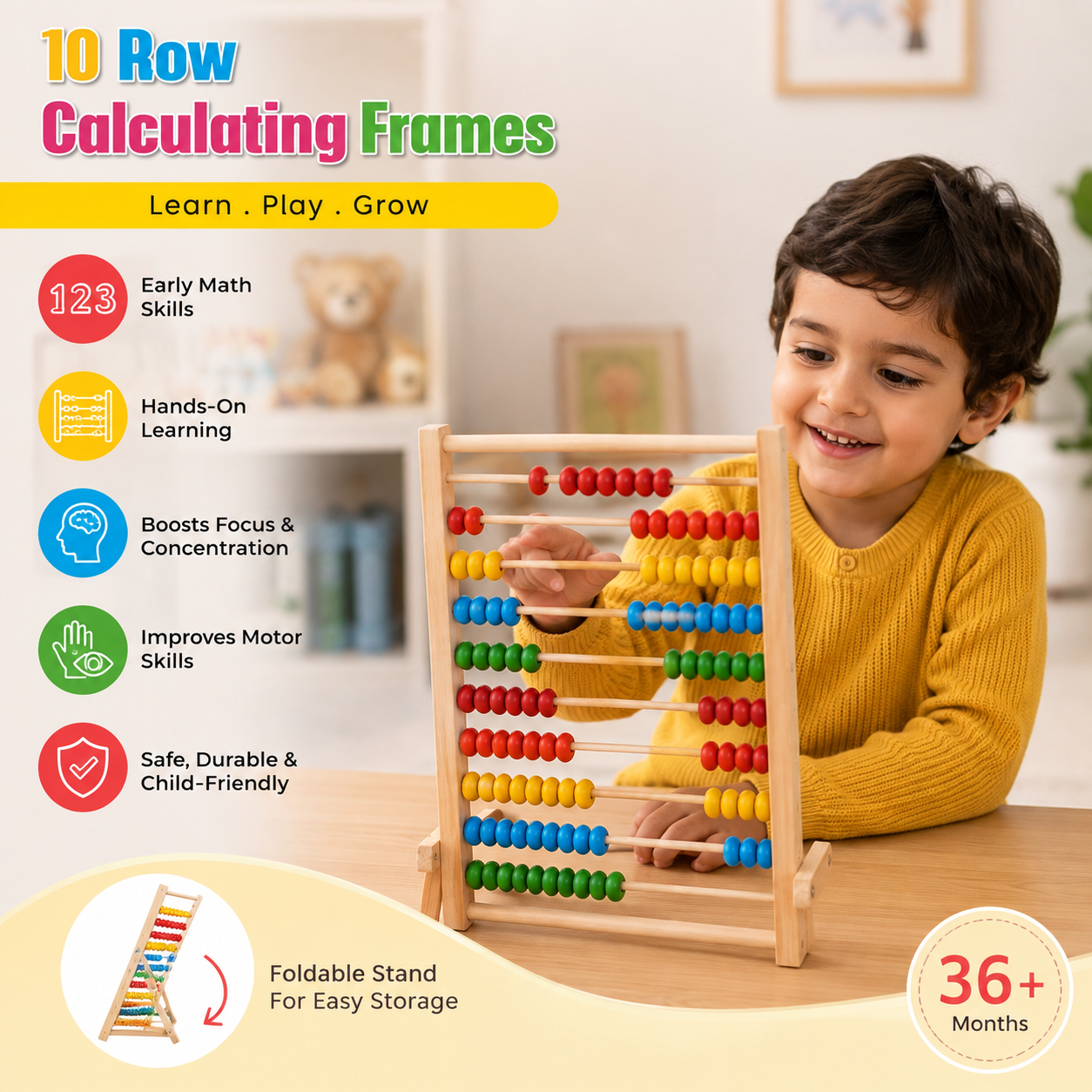 10-Row Wooden Calculating Frame Abacus