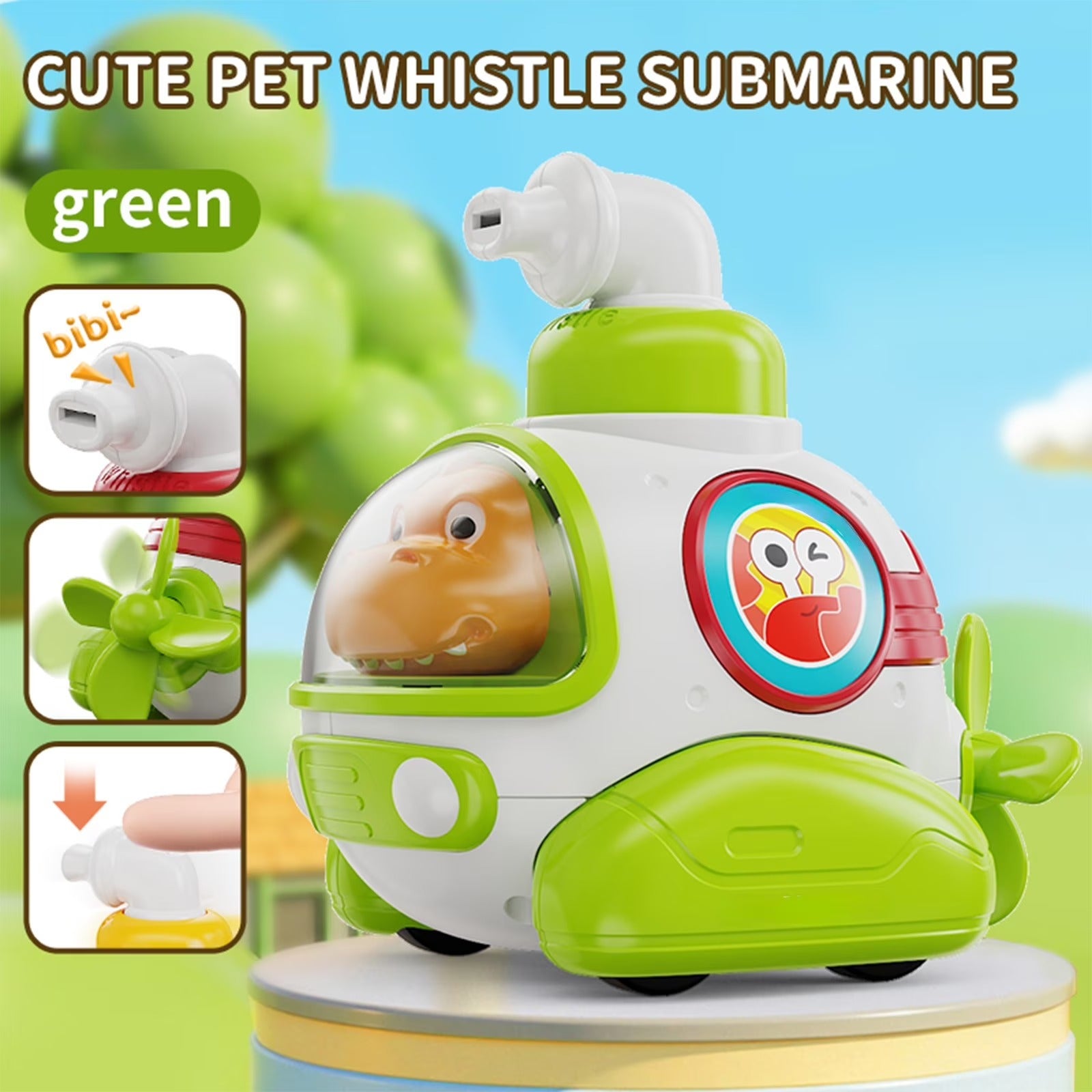 Cartoon Press & Go Submarine Toy with Whistle (Assorted Colors)