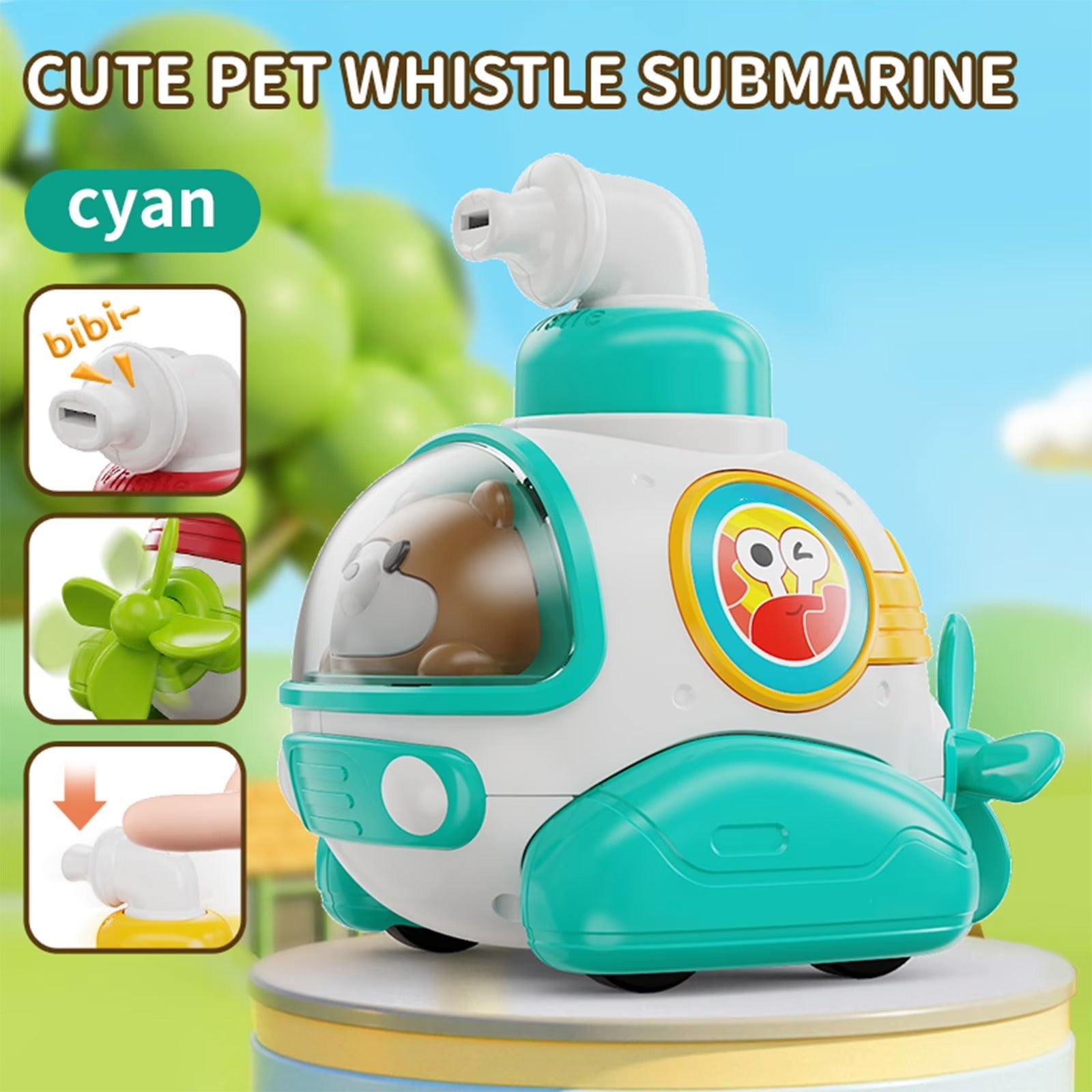 Cartoon Press & Go Submarine Toy with Whistle (Assorted Colors)