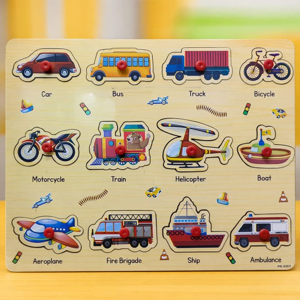 Wooden Animals, Transport & Vegetables Sorting Knob Board