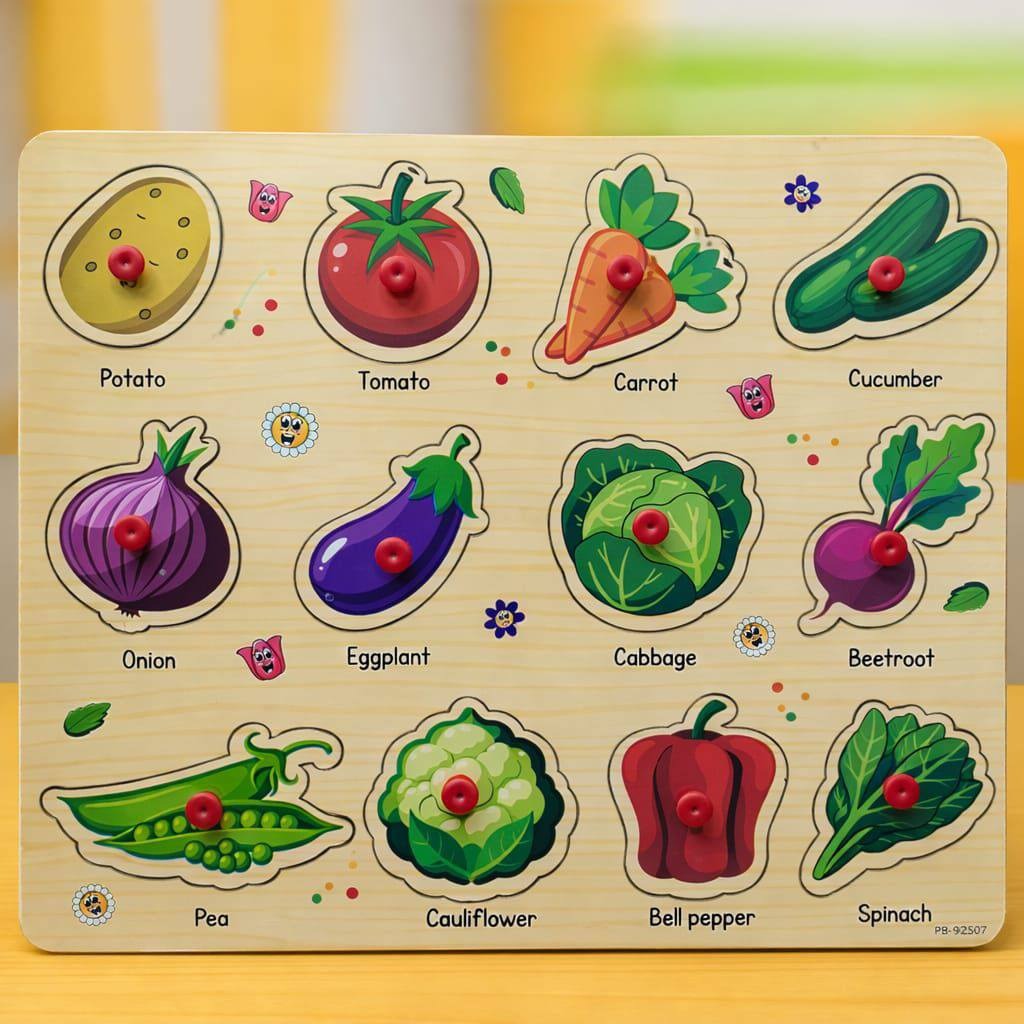 Wooden Animals, Transport & Vegetables Sorting Knob Board