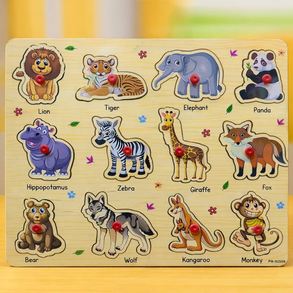 Wooden Animals, Transport & Vegetables Sorting Knob Board