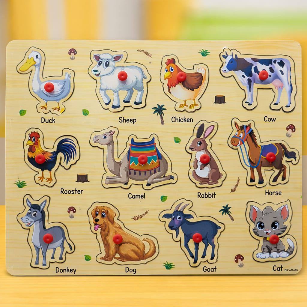 Wooden Animals, Transport & Vegetables Sorting Knob Board