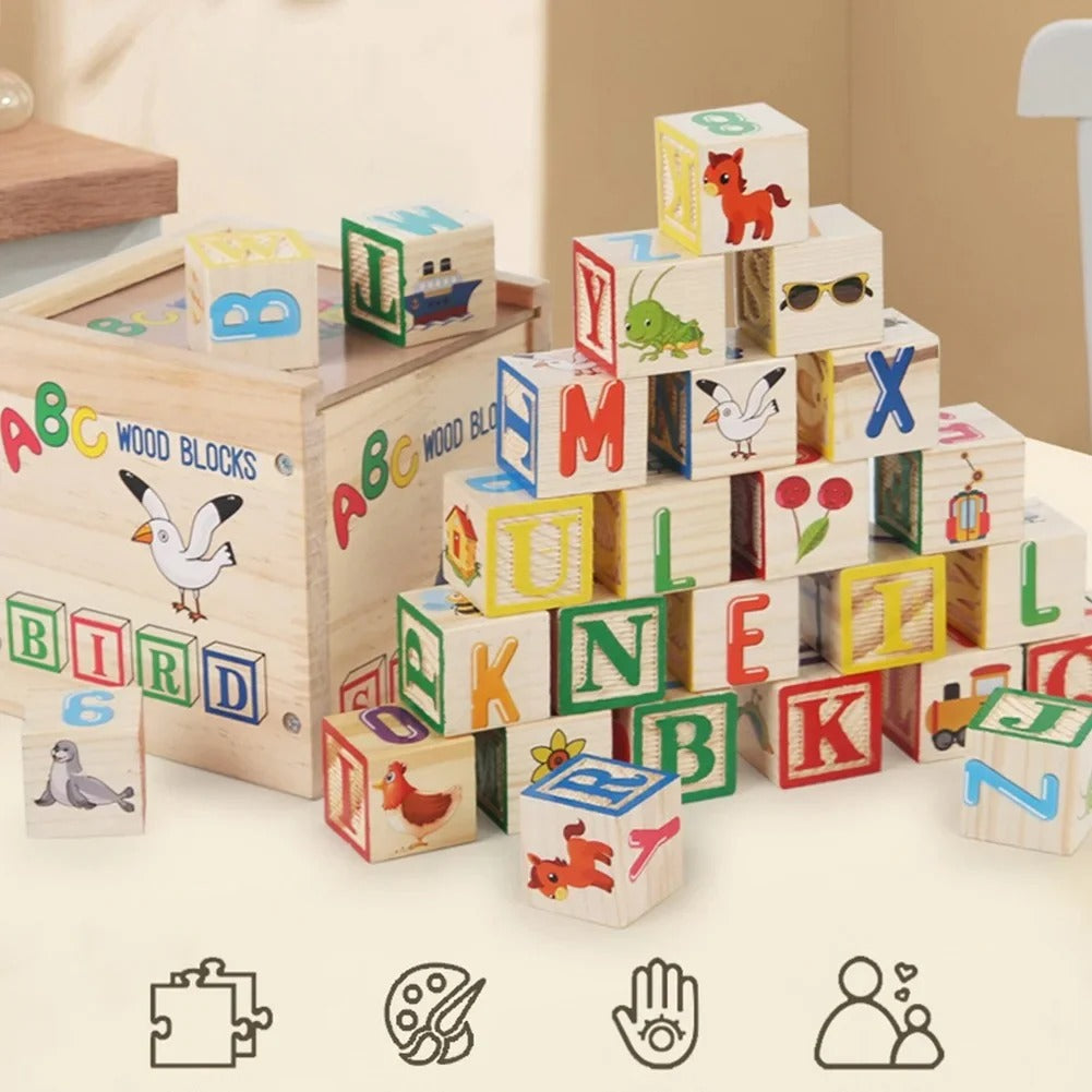 3 in 1 Wooden Learning Bundle – Spelling, Blocks & Activity Cube Set