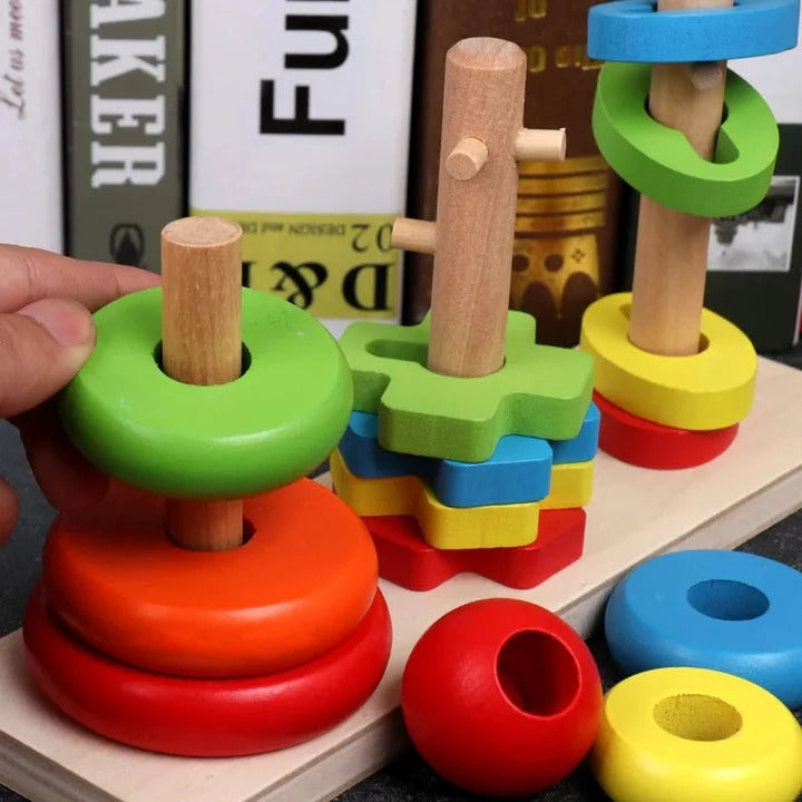 3 in 1 - Wooden Rainbow Three Column Shapes & Ring Tower