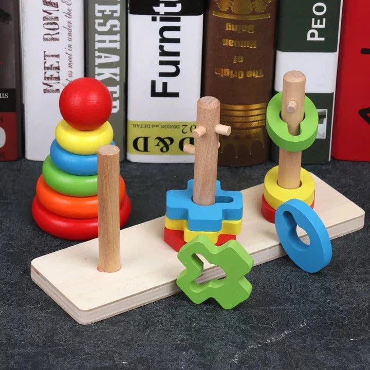 3 in 1 - Wooden Rainbow Three Column Shapes & Ring Tower