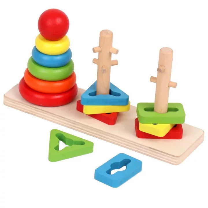 3 in 1 - Wooden Rainbow Three Column Shapes & Ring Tower