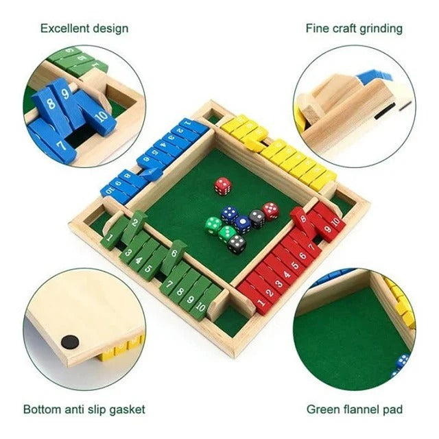 Wooden Shut The Box Board Game – 4 Players with Dice