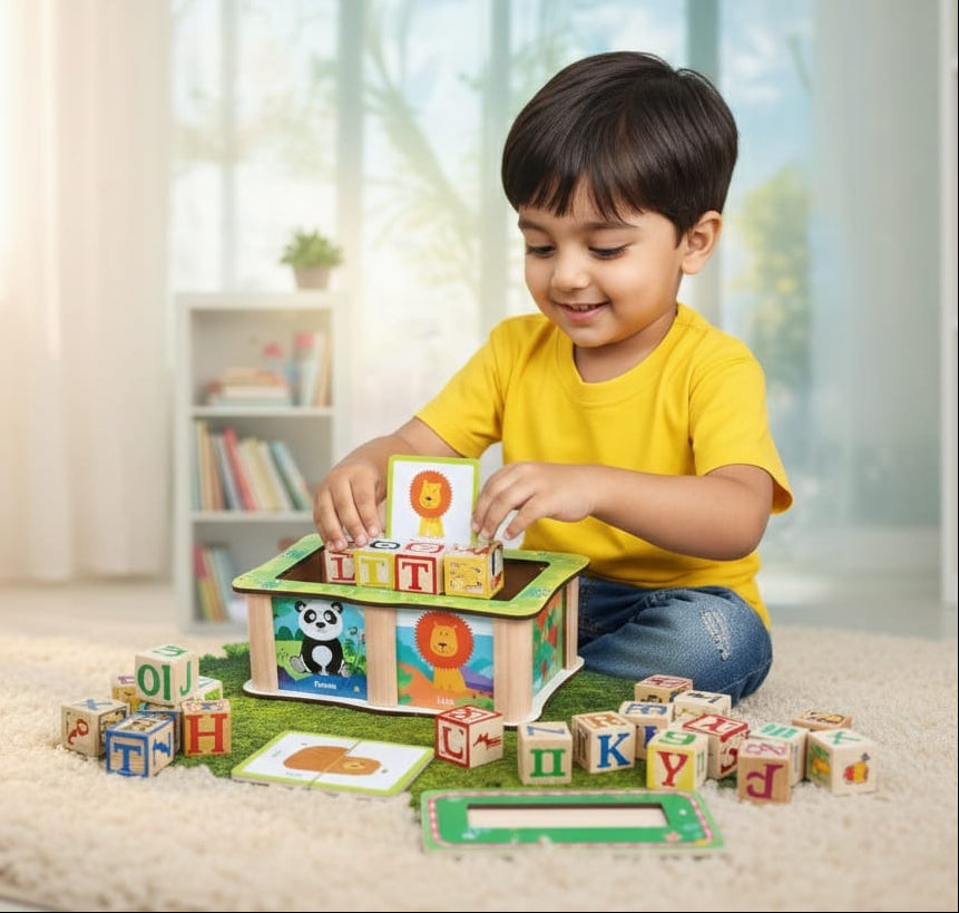 Wooden Word Building Block Box with Cards