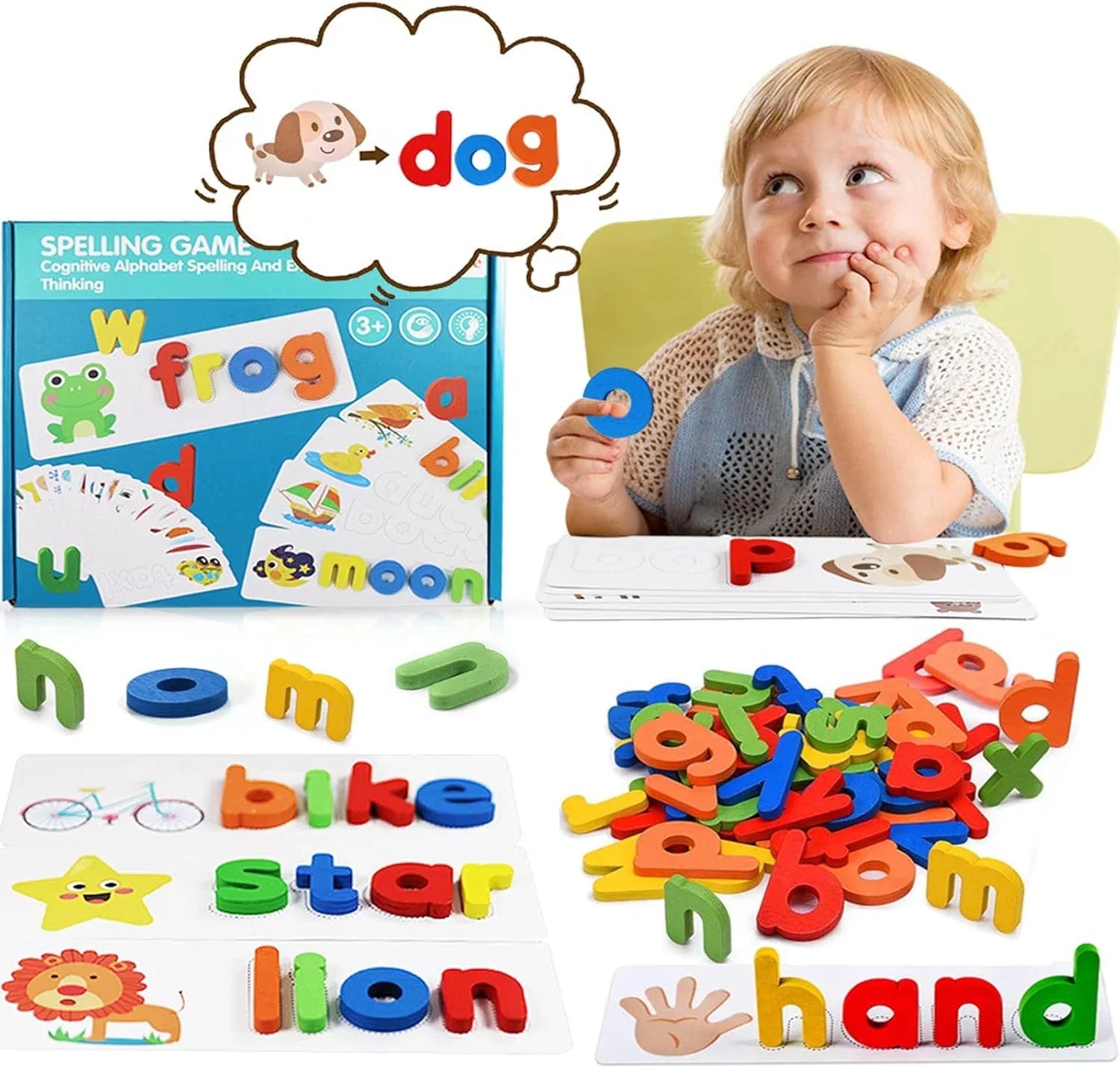 3 in 1 Wooden Learning Bundle – Spelling, Blocks & Activity Cube Set