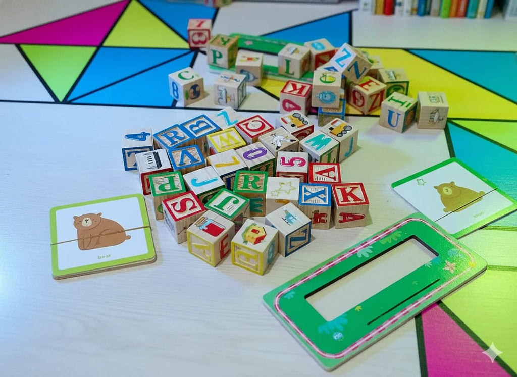 Wooden Word Building Block Box with Cards