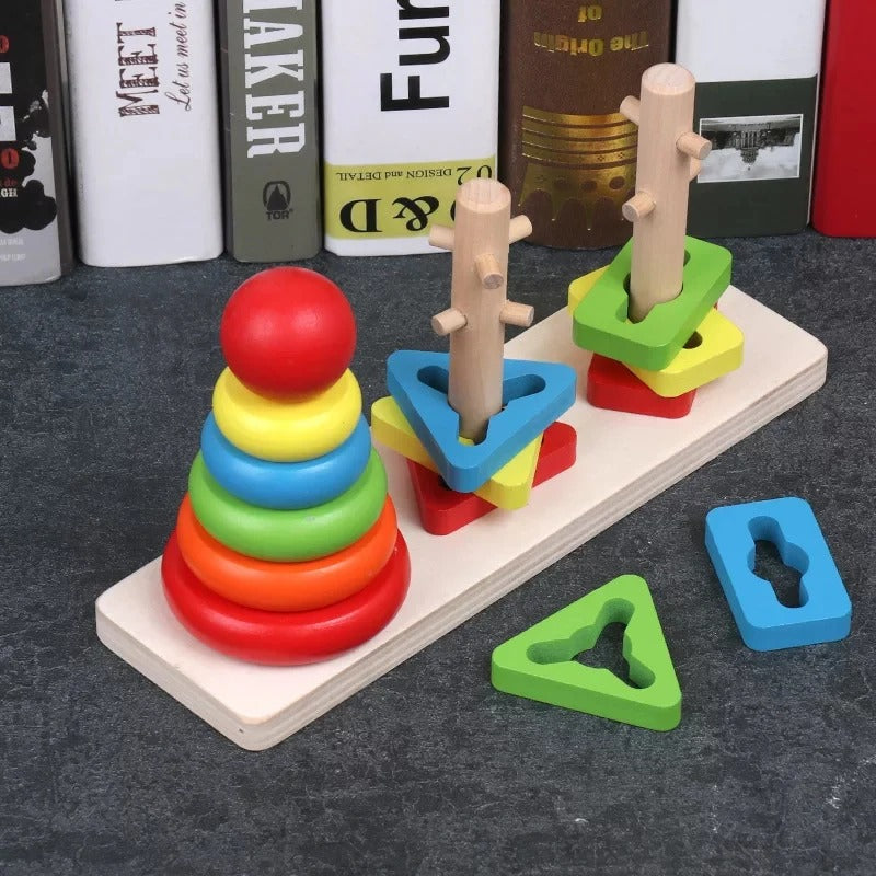 3 in 1 - Wooden Rainbow Three Column Shapes & Ring Tower