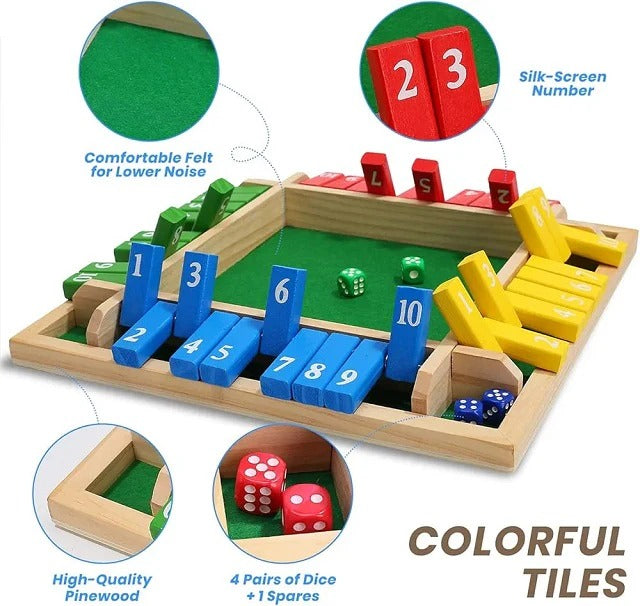 Wooden Shut The Box Board Game – 4 Players with Dice