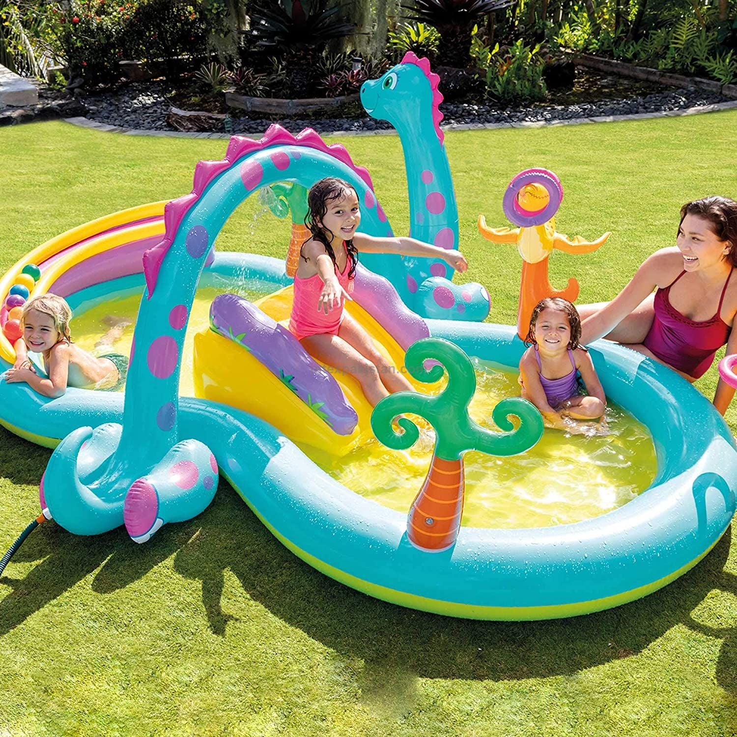 INTEX Dinosaur Inflatable Water Play Center with Slide & Sprayer - 333 cm × 229 cm × 112 cm