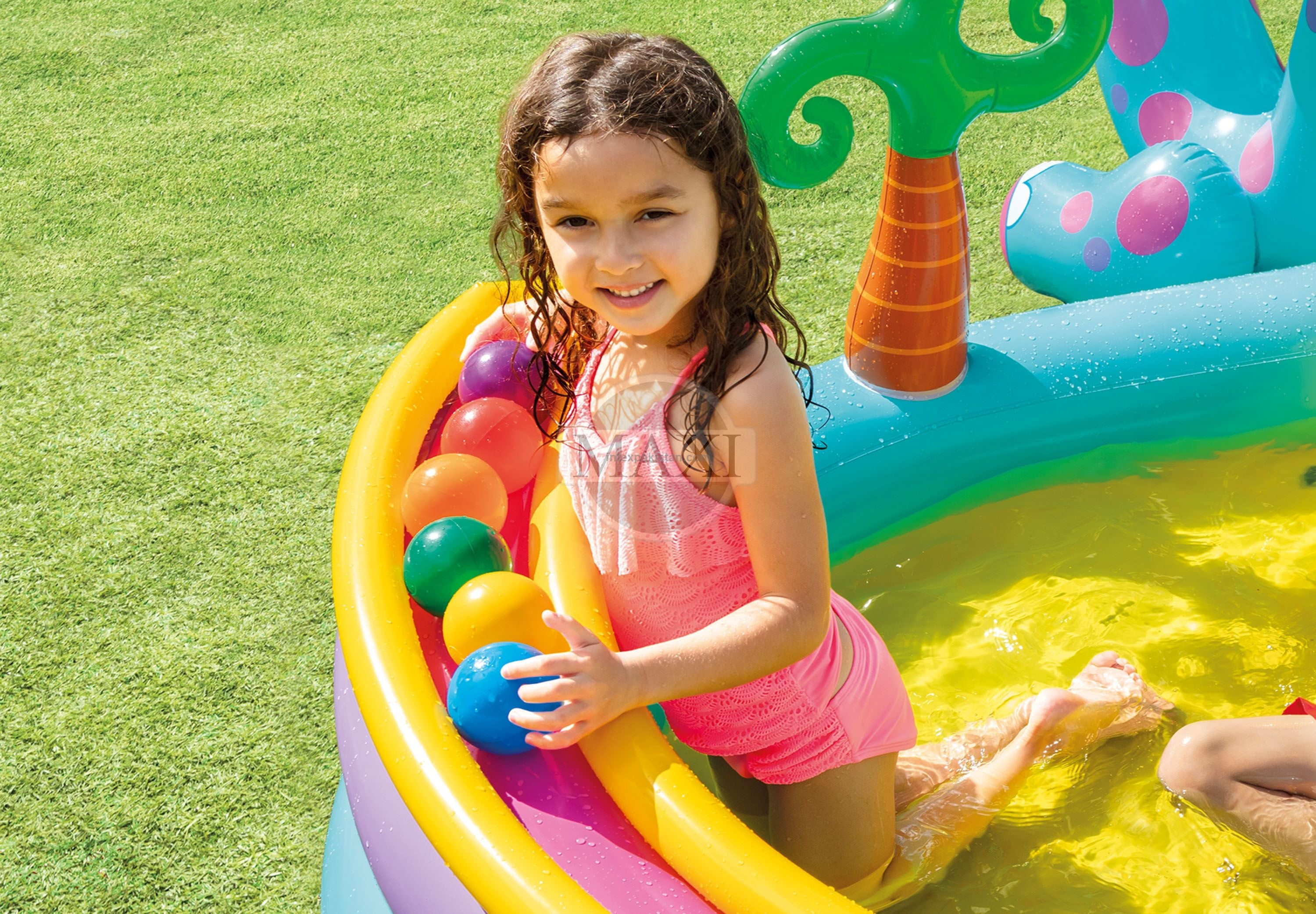 INTEX Dinosaur Inflatable Water Play Center with Slide & Sprayer - 333 cm × 229 cm × 112 cm