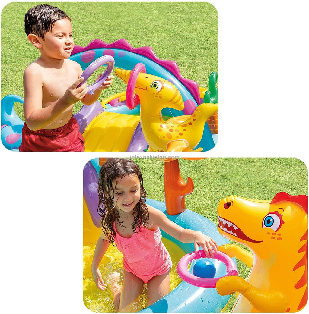 INTEX Dinosaur Inflatable Water Play Center with Slide & Sprayer - 333 cm × 229 cm × 112 cm