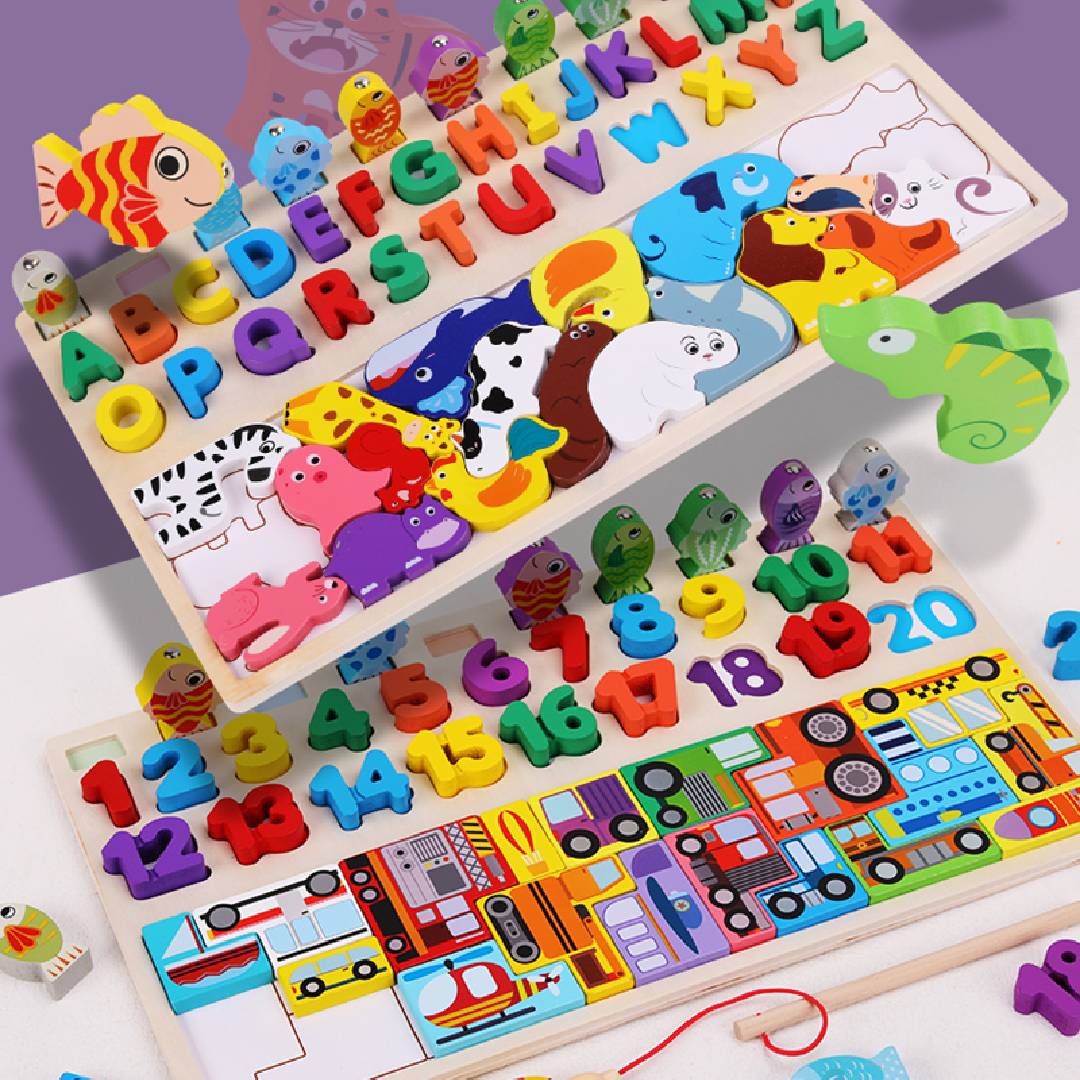 3-in-1 Wooden Alphabet, Animal & Fishing Puzzle Toy