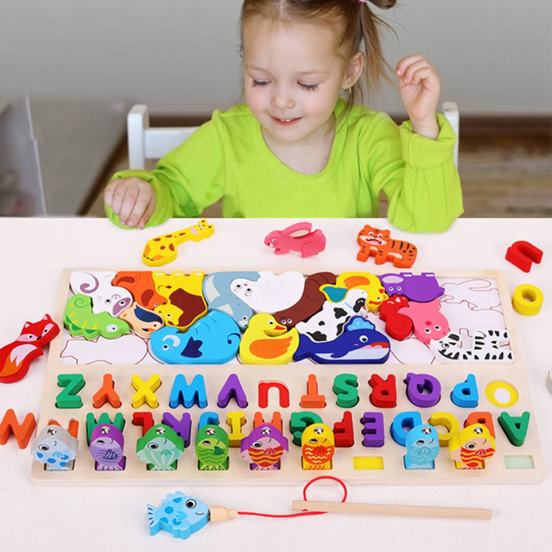 3-in-1 Wooden Alphabet, Animal & Fishing Puzzle Toy