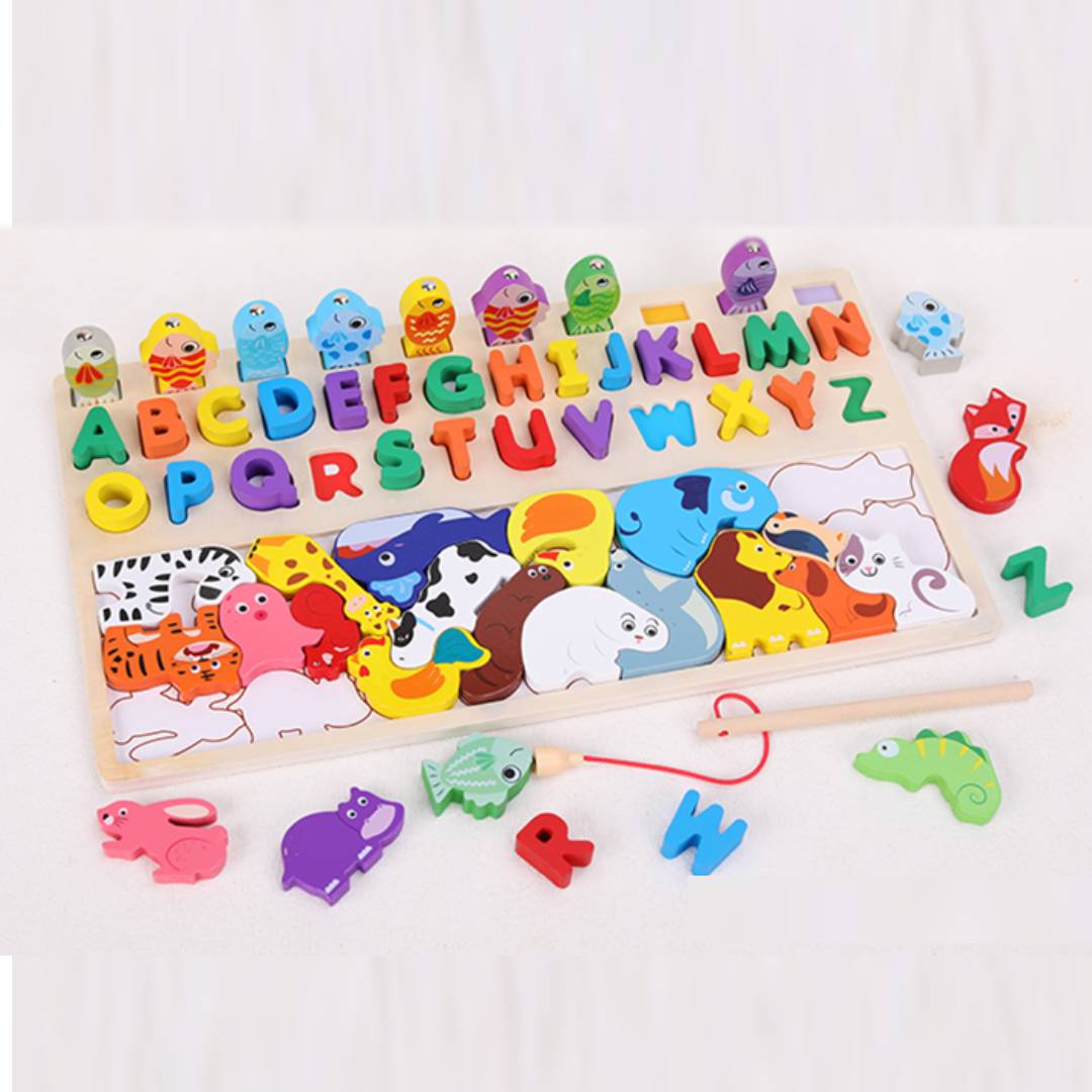 3-in-1 Wooden Alphabet, Animal & Fishing Puzzle Toy