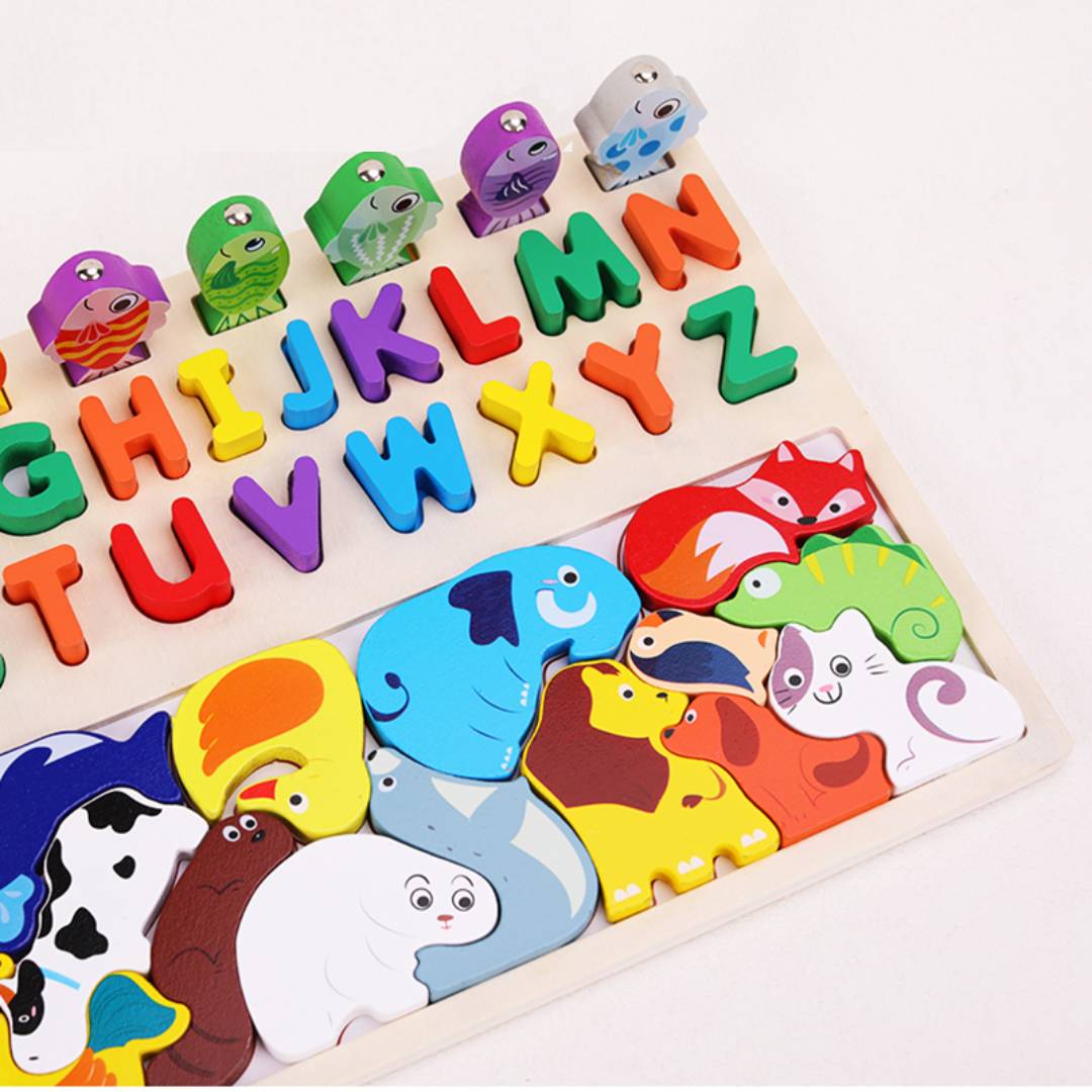 3-in-1 Wooden Alphabet, Animal & Fishing Puzzle Toy
