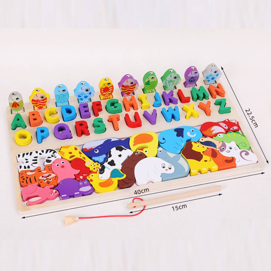 3-in-1 Wooden Alphabet, Animal & Fishing Puzzle Toy