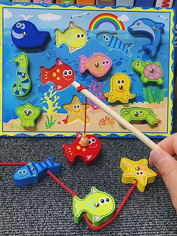 4-in-1 Wooden Montessori Learning Toy – Fishing, Stacking & Lacing Fun!